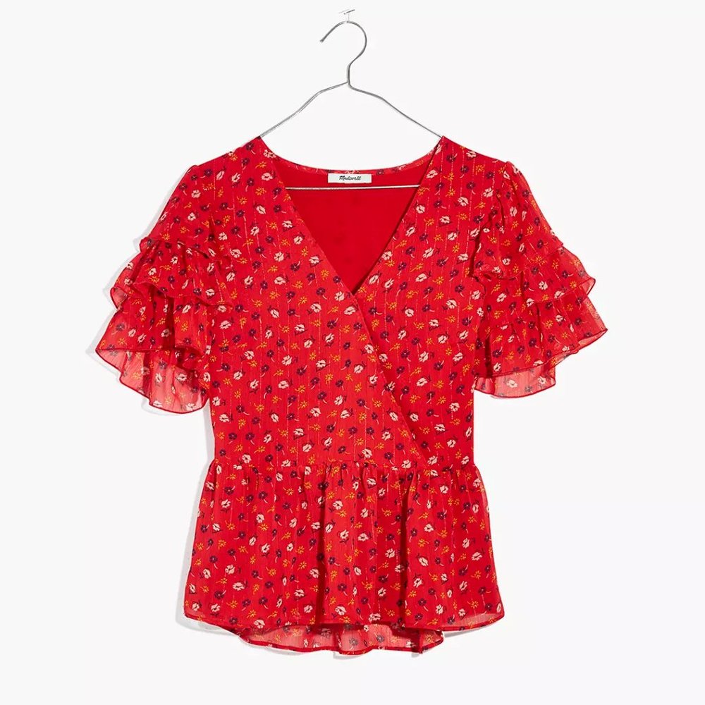 Madewell Red Floral Print Blouse / Tiered-Sleeve Peplum Top - Picture 2 of 7